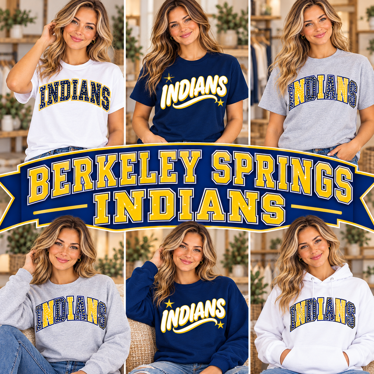BERKELEY SPRINGS INDIANS — six boutique school spirit mockups