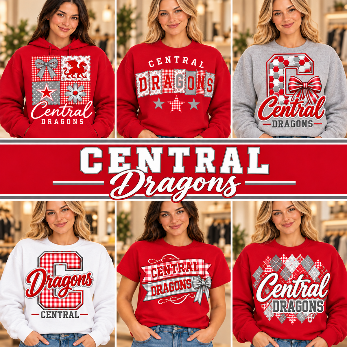 Central Dragons scarlet and gray spiritwear with school name centered