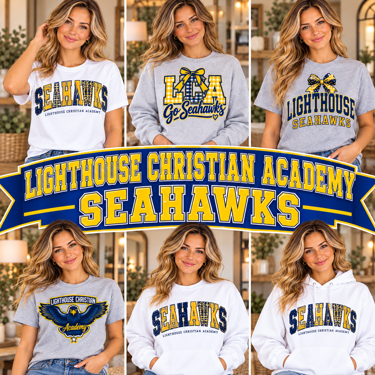 LIGHTHOUSE CHRISTIAN ACADEMY SEAHAWKS — six boutique school spirit mockups