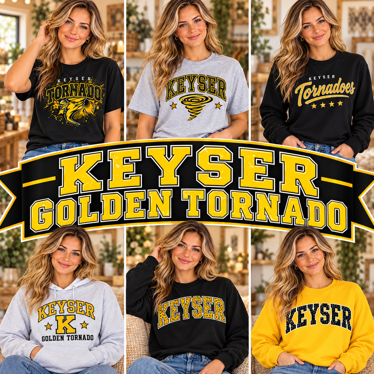 KEYSER GOLDEN TORNADO — six boutique school spirit mockups