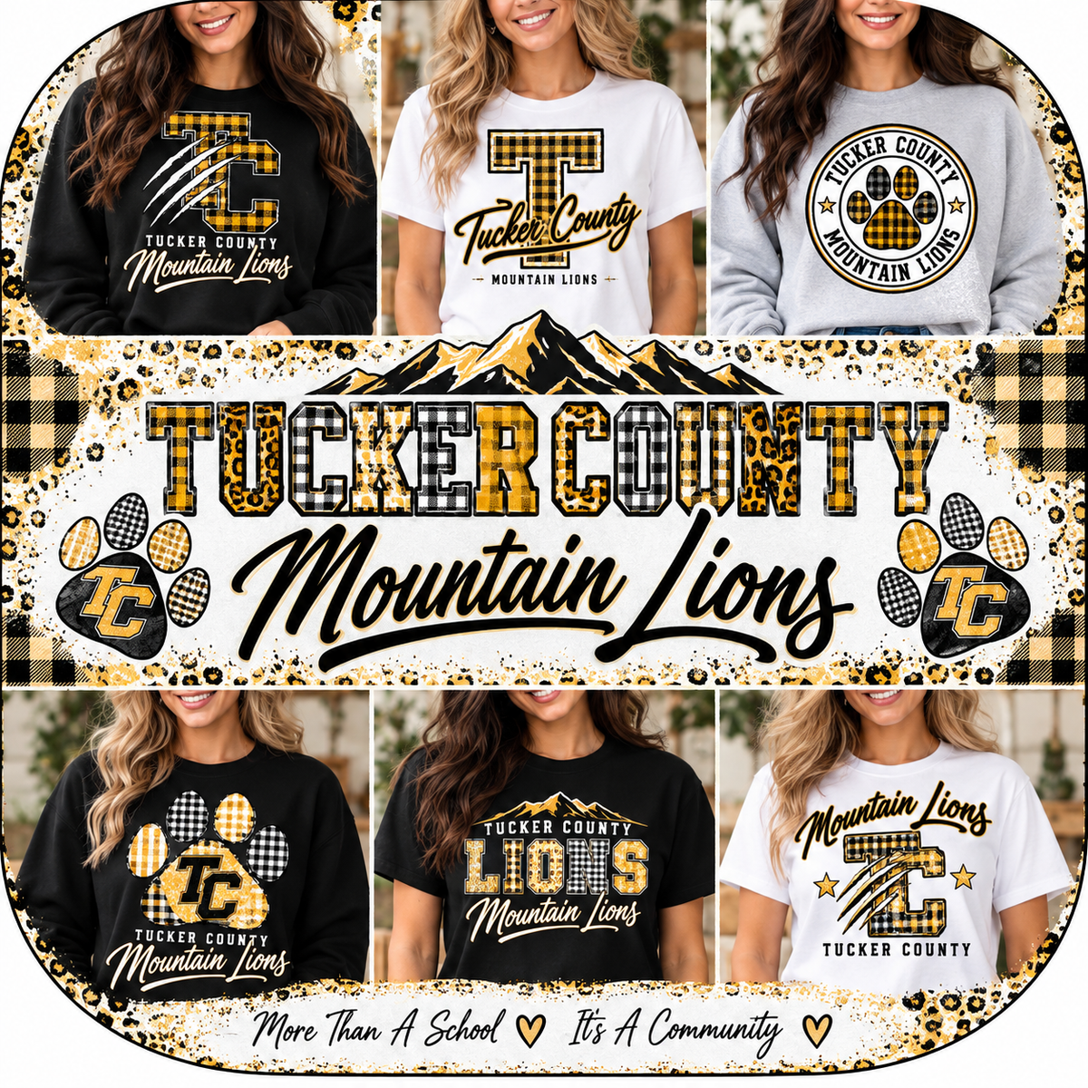 Tucker County Mountain Lions centered banner between six apparel mockups