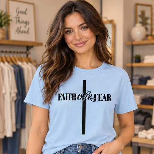 Faith Over Fear Cross Tee — Light Blue Gildan Softstyle