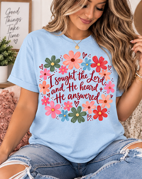 He Heard & He Answered Floral Faith Tee — Light Blue Gildan Softstyle