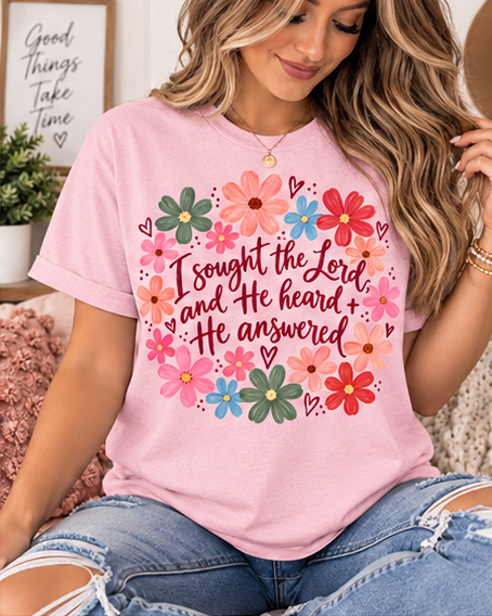 He Heard & He Answered Floral Faith Tee — Light Pink Gildan Softstyle