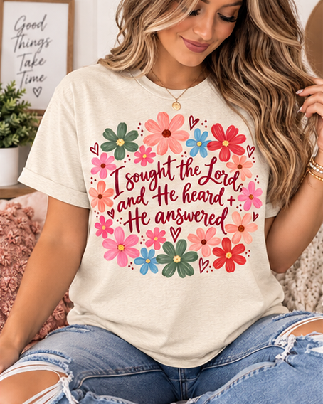 He Heard & He Answered Floral Faith Tee — Natural Gildan Softstyle