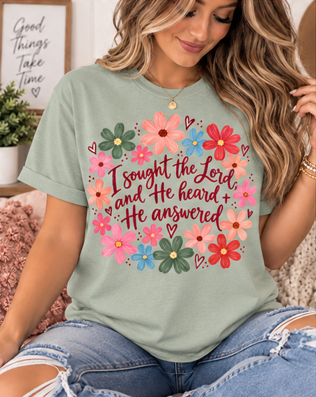 He Heard & He Answered Floral Faith Tee — Sage Gildan Softstyle