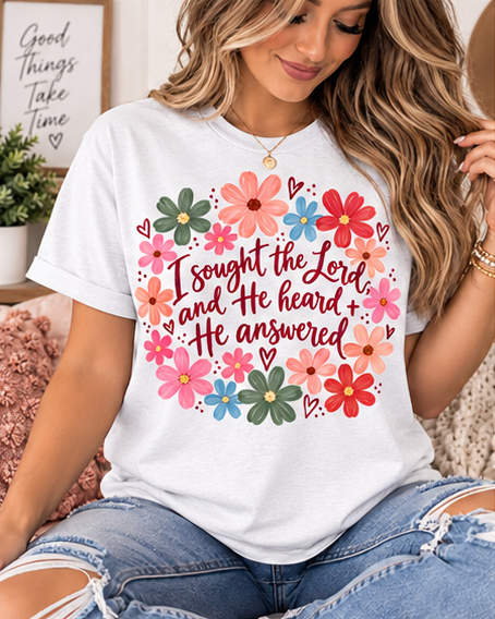 He Heard & He Answered Floral Faith Tee — White Gildan Softstyle