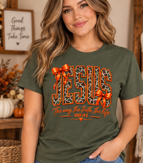 Jesus The Way, The Truth, The Life Charcoal Tee — Military Green Gildan Softstyle