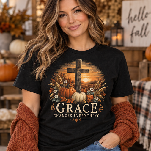 Grace Changes Everything Fall Faith Tee — Black Gildan Softstyle