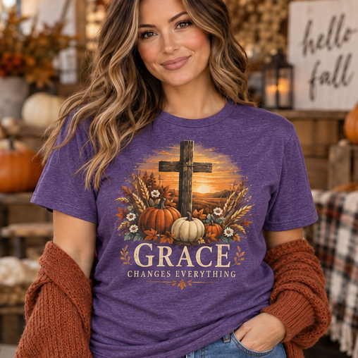 Grace Changes Everything Fall Faith Tee — Heather Purple Gildan Softstyle