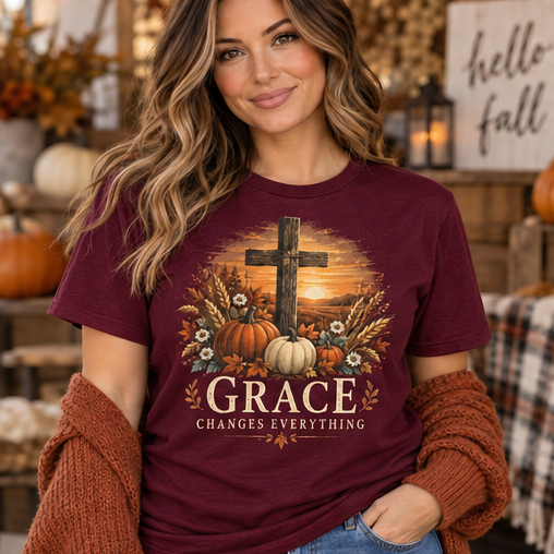 Grace Changes Everything Fall Faith Tee — Maroon Gildan Softstyle