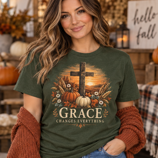 Grace Changes Everything Fall Faith Tee — Military Green Gildan Softstyle