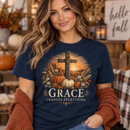 Grace Changes Everything Fall Faith Tee — Navy Gildan Softstyle