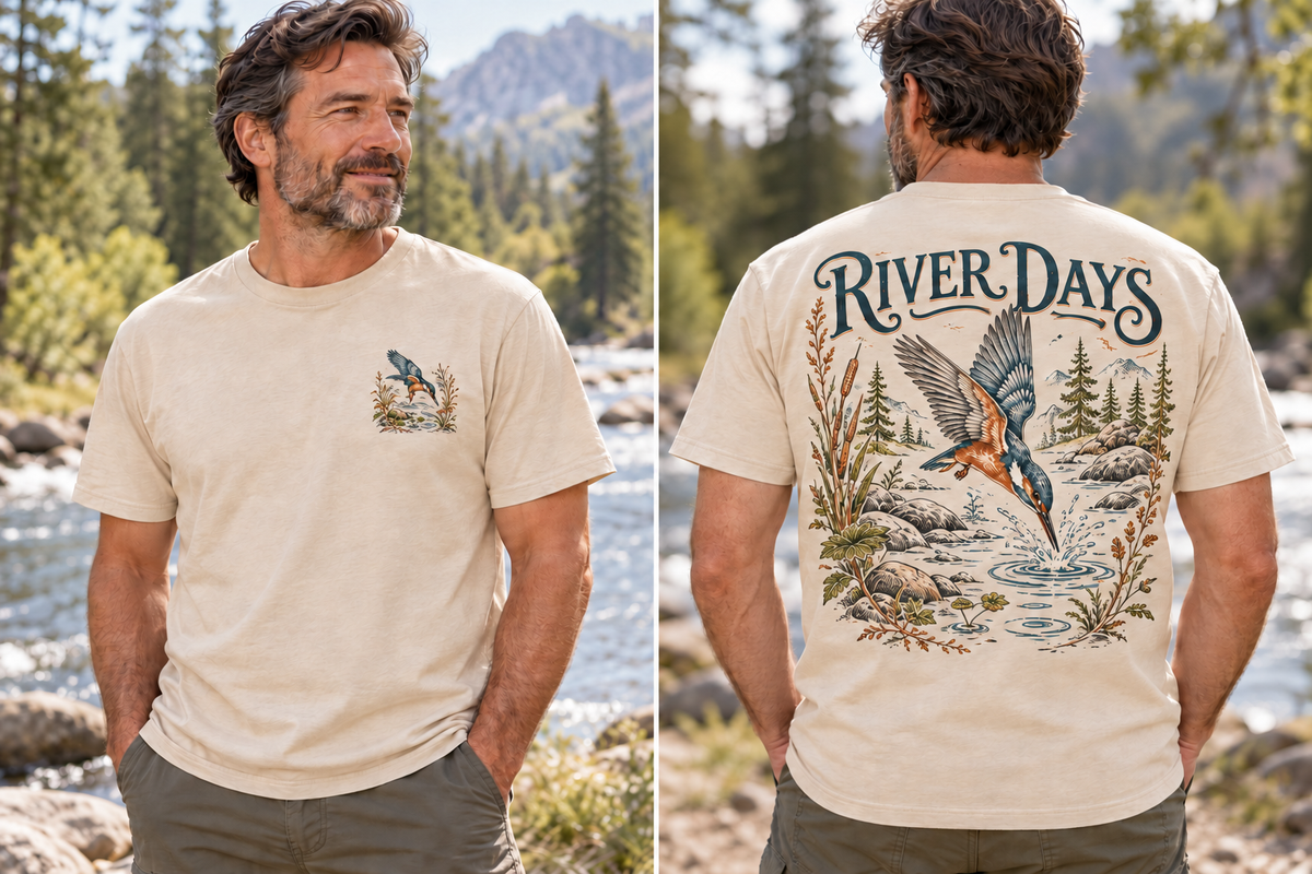 Men’s River Days T-Shirt – Sand — picture-only front, saying and artwork on back