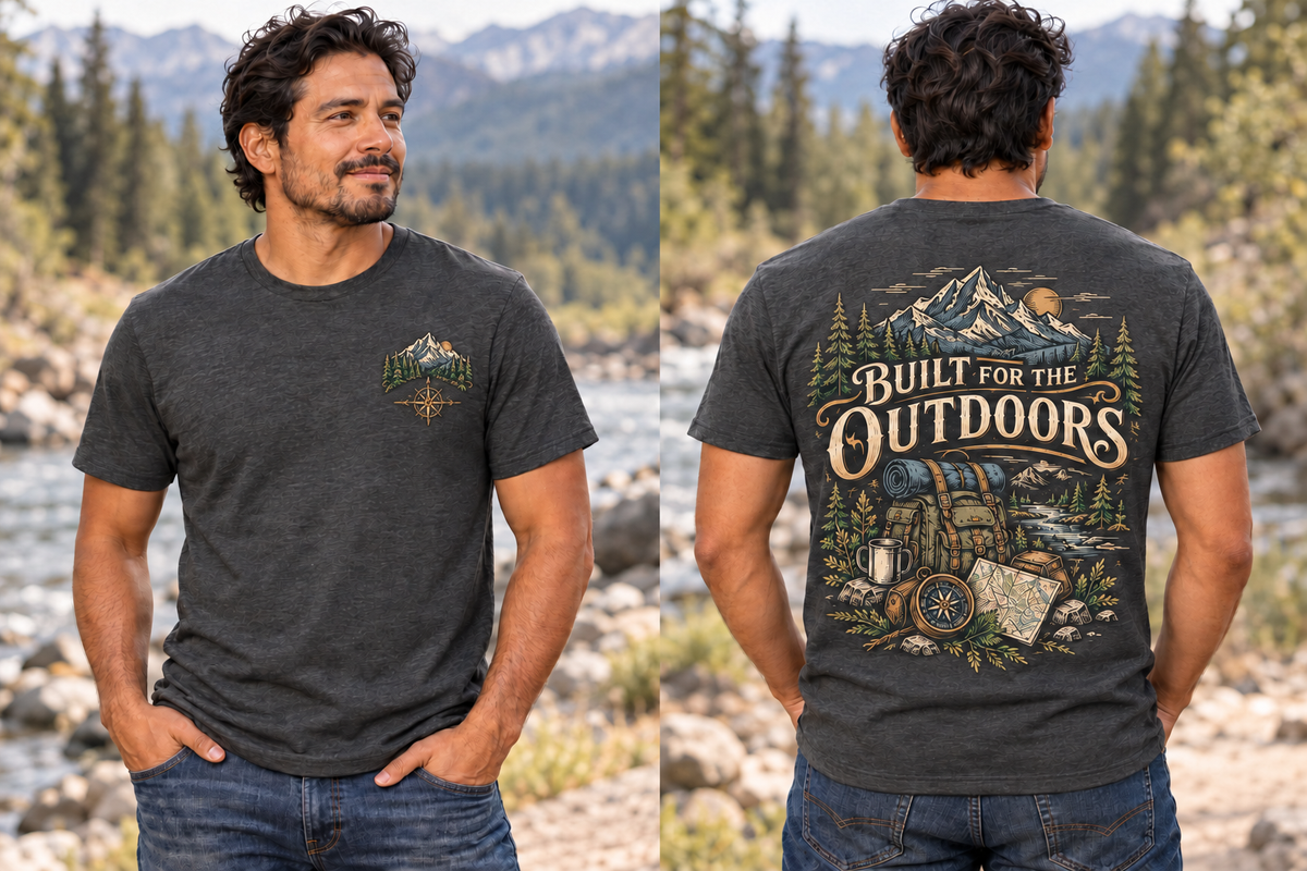 Men’s Built For The Outdoors T-Shirt – Dark Heather Gray — picture-only front, saying and artwork on back