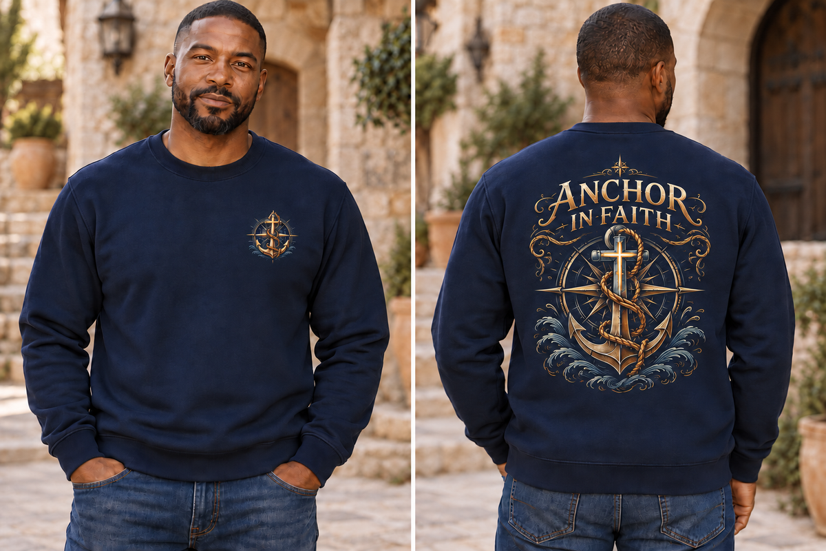 Men’s Anchor In Faith Crewneck – Navy — picture-only front, saying and artwork on back