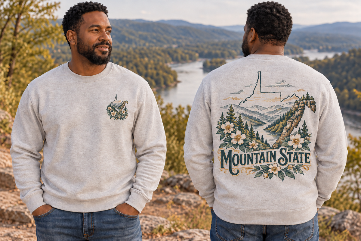Men’s Mountain State Crewneck – Ash Gray — picture-only front, saying and artwork on back