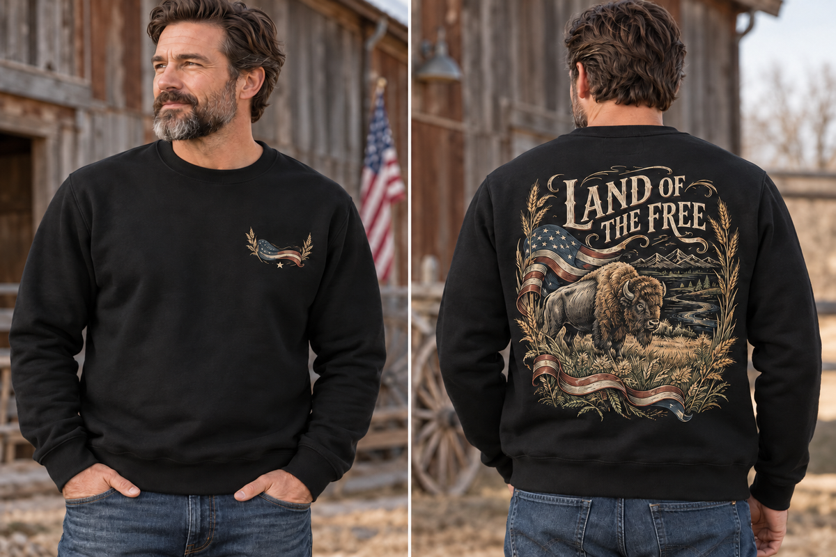 Men’s Land Of The Free Crewneck – Black — picture-only front, saying and artwork on back