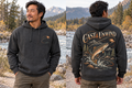 Men’s Cast & Unwind Hoodie – Charcoal — picture-only front, saying and artwork on back