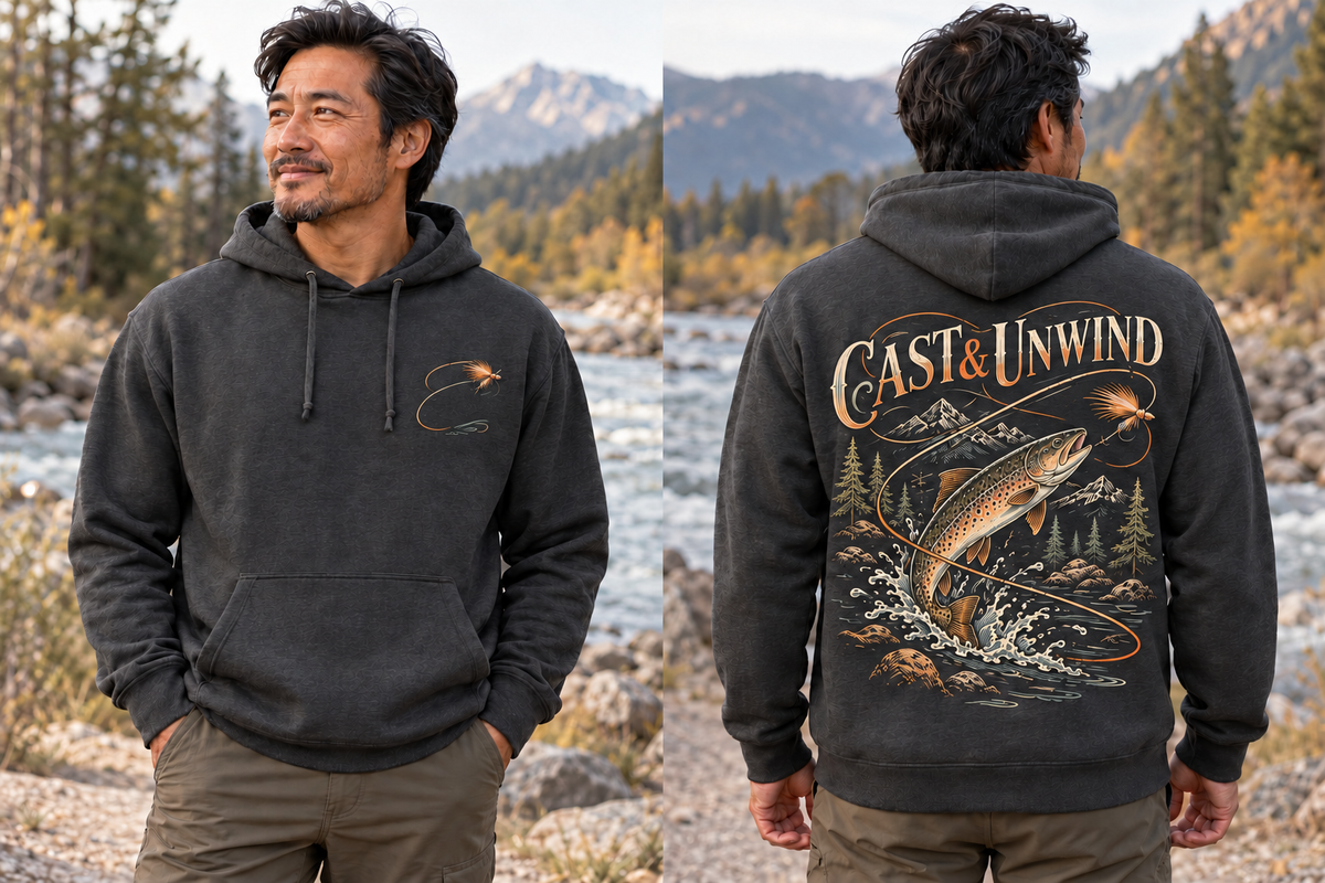 Men’s Cast & Unwind Hoodie – Charcoal — picture-only front, saying and artwork on back