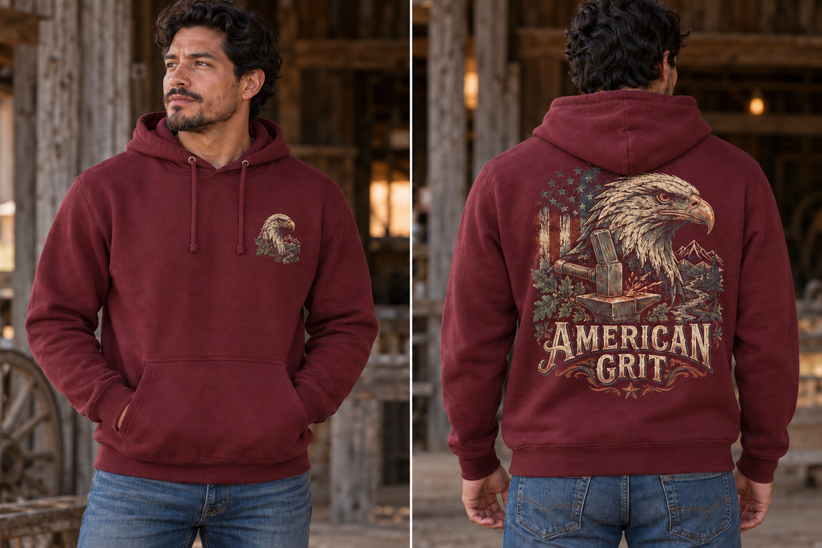Men’s American Grit Hoodie – Maroon — picture-only front, saying and artwork on back
