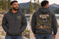 Men’s Weekend Mode Hoodie – Dark Heather Gray — picture-only front, saying and artwork on back