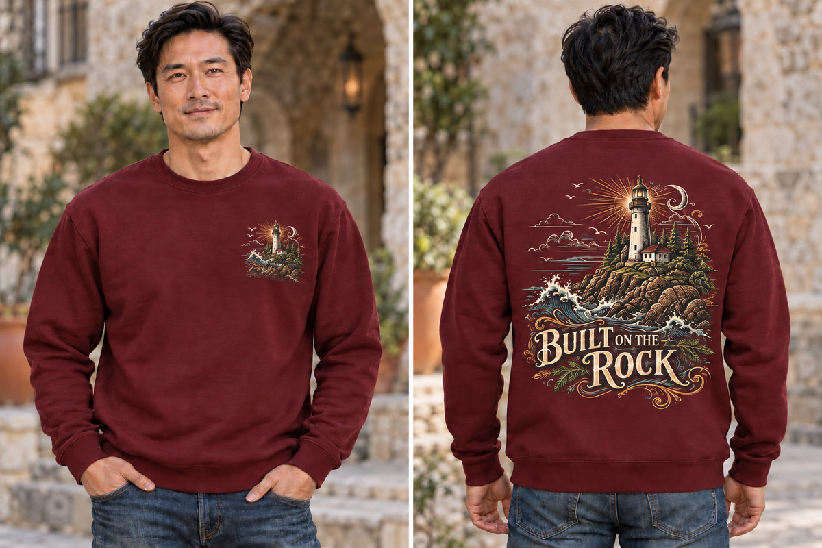 Men’s Built On The Rock Crewneck – Maroon — picture-only front, saying and artwork on back