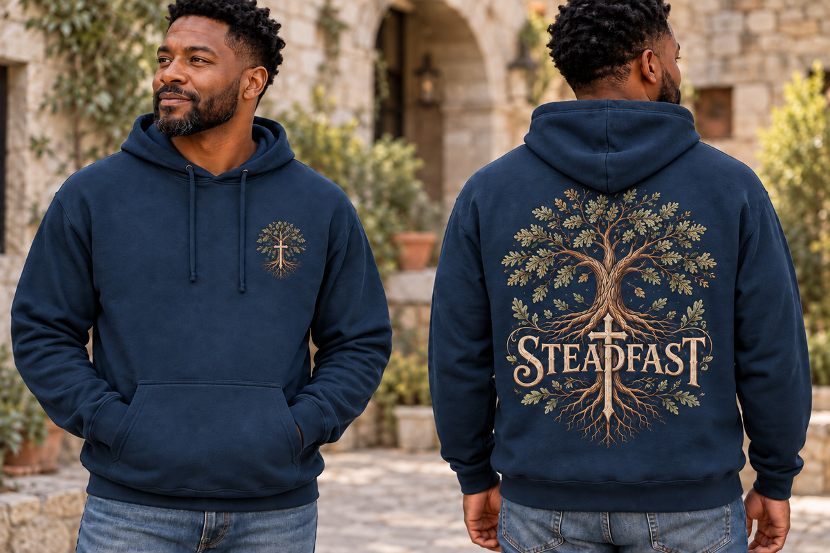 Men’s Steadfast Hoodie – Indigo Blue — picture-only front, saying and artwork on back