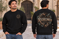 Men’s Redeemed Crewneck – Black — picture-only front, saying and artwork on back