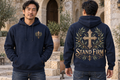 Men’s Stand Firm Hoodie – Navy — picture-only front, saying and artwork on back