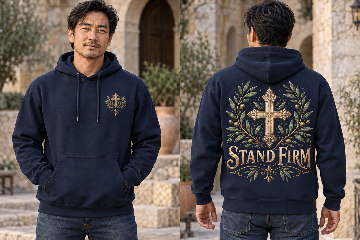 Men’s Stand Firm Hoodie – Navy — picture-only front, saying and artwork on back