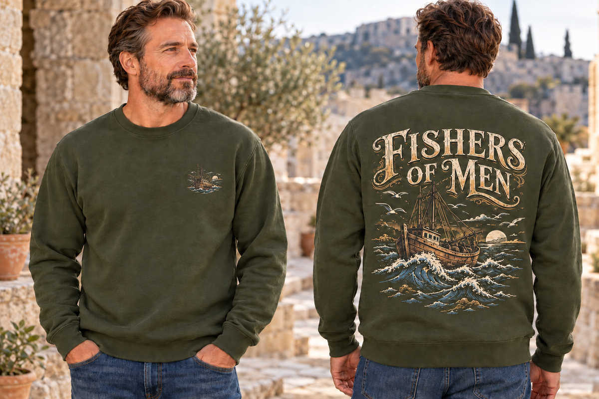 Men’s Fishers Of Men Crewneck – Military Green — picture-only front, saying and artwork on back