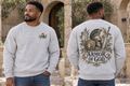 Men’s Armor Of God Crewneck – Ash Gray — picture-only front, saying and artwork on back