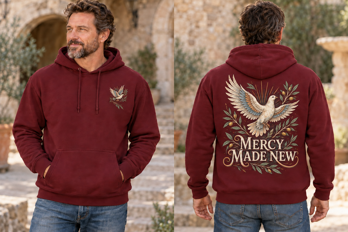 Men’s Mercy Made New Hoodie – Maroon — picture-only front, saying and artwork on back