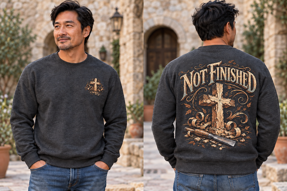 Men’s Not Finished Crewneck – Dark Heather Gray — picture-only front, saying and artwork on back