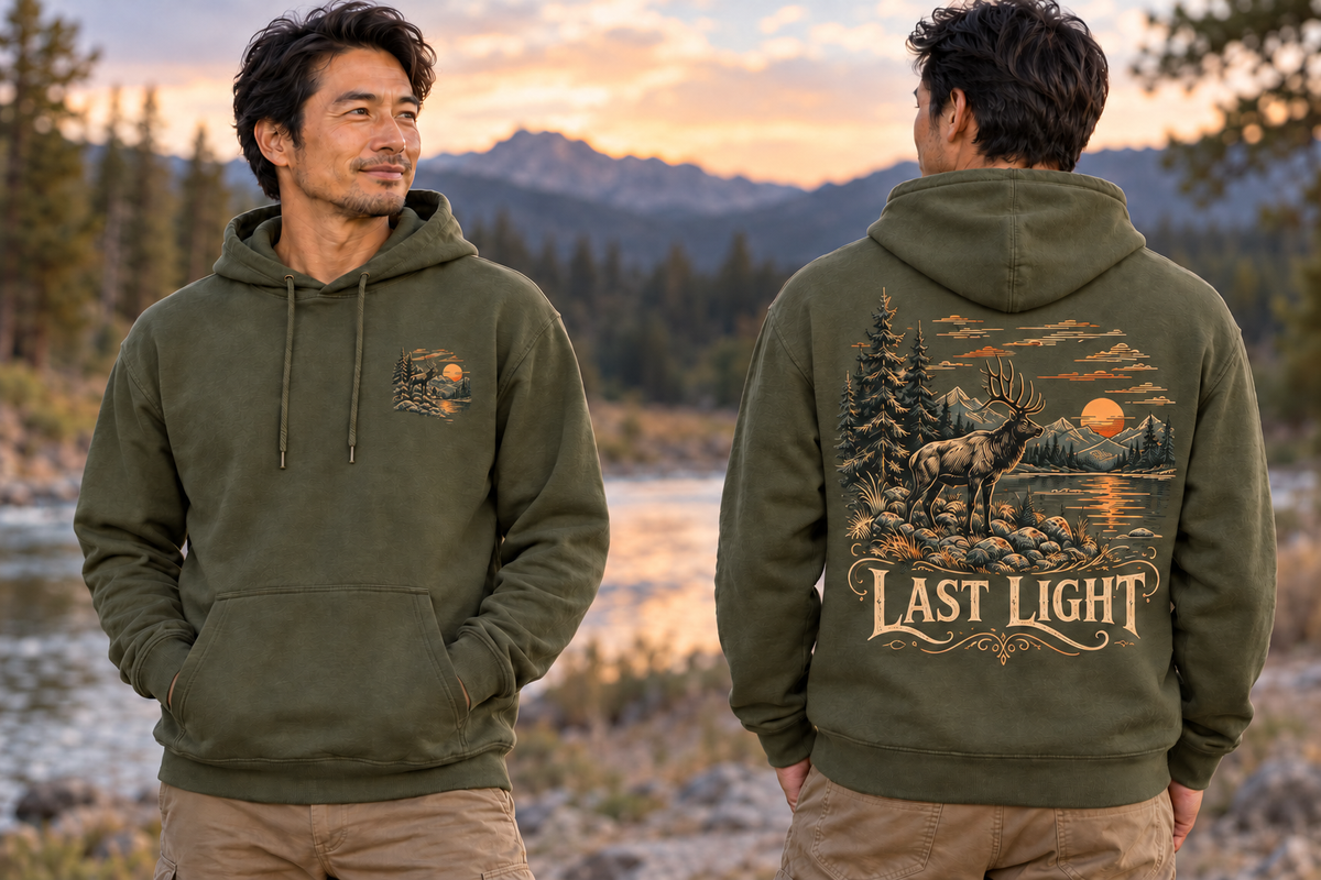 Men’s Last Light Hoodie – Military Green — picture-only front, saying and artwork on back