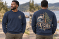 Men’s Tide & Timber Crewneck – Indigo Blue — picture-only front, saying and artwork on back
