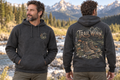 Men’s Trail Worn Hoodie – Dark Heather Gray — picture-only front, saying and artwork on back