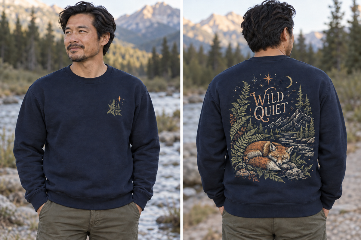 Men’s Wild Quiet Crewneck – Navy — picture-only front, saying and artwork on back