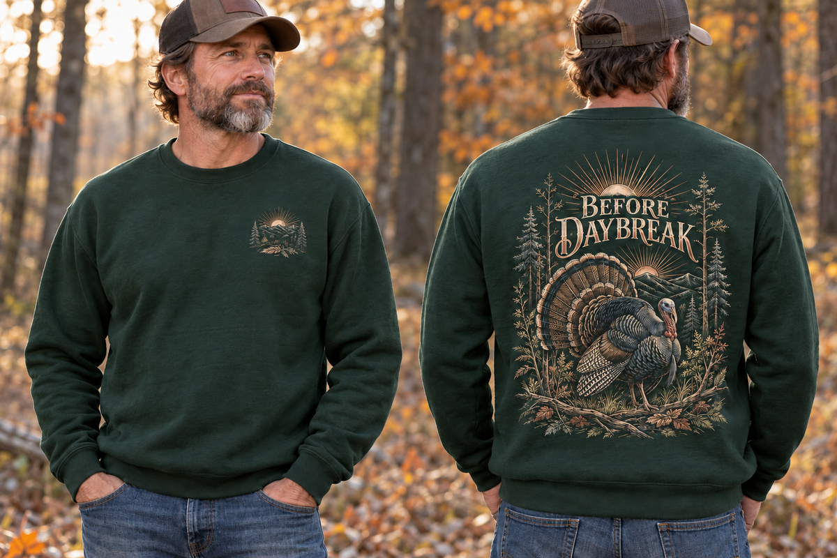 Men’s Before Daybreak Crewneck – Forest Green — picture-only front, saying and artwork on back