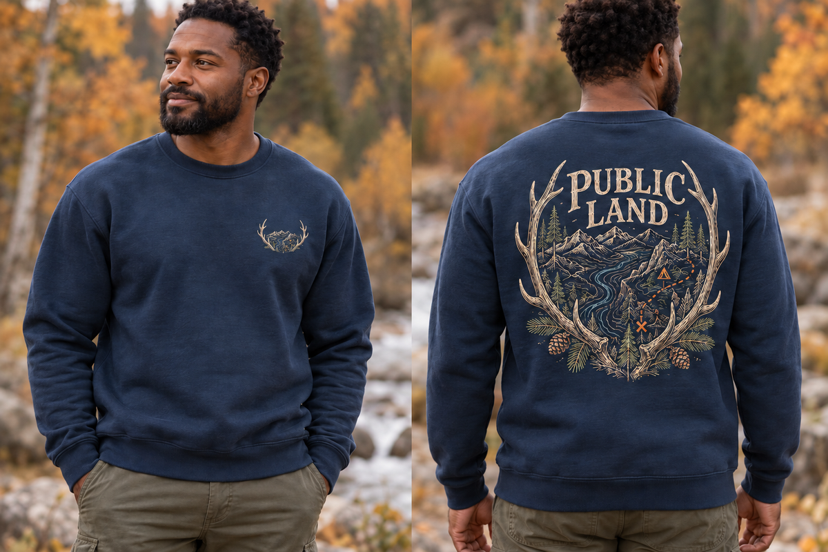Men’s Public Land Crewneck – Indigo Blue — picture-only front, saying and artwork on back