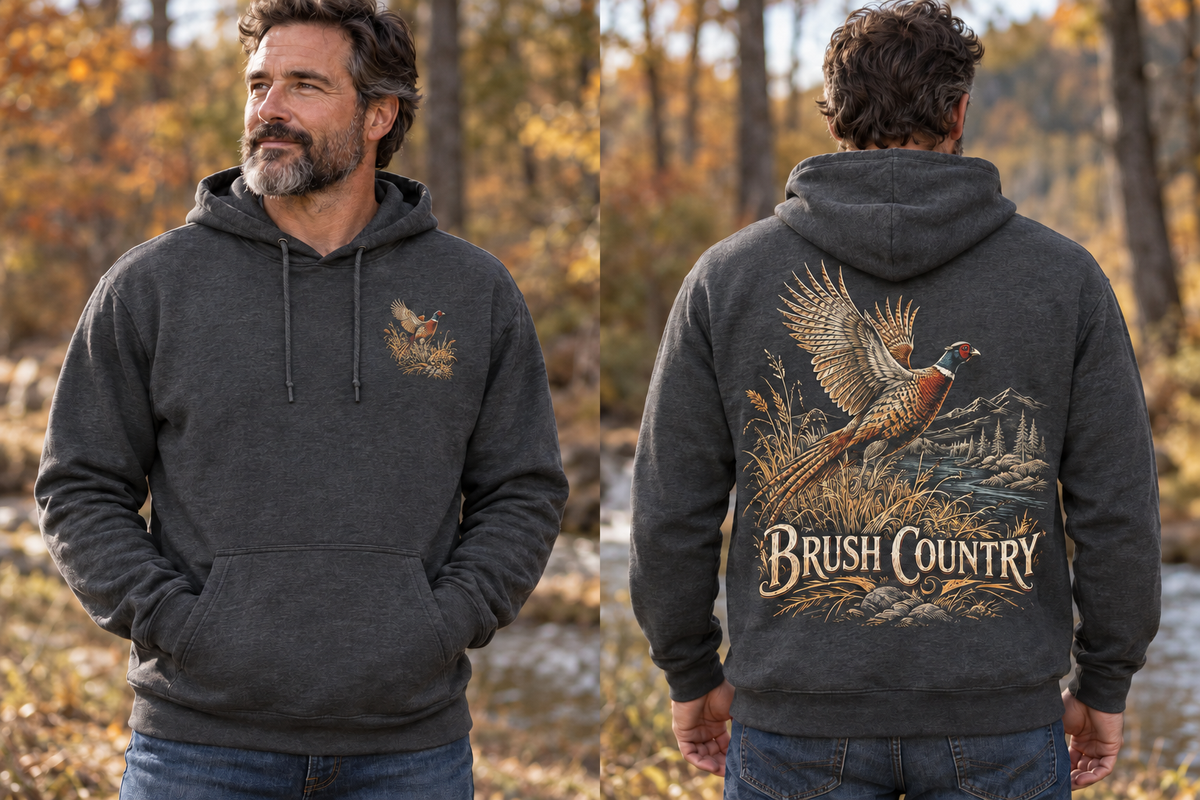 Men’s Brush Country Hoodie – Dark Heather Gray — picture-only front, saying and artwork on back