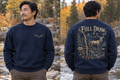 Men’s Full Draw Crewneck – Navy — picture-only front, saying and artwork on back