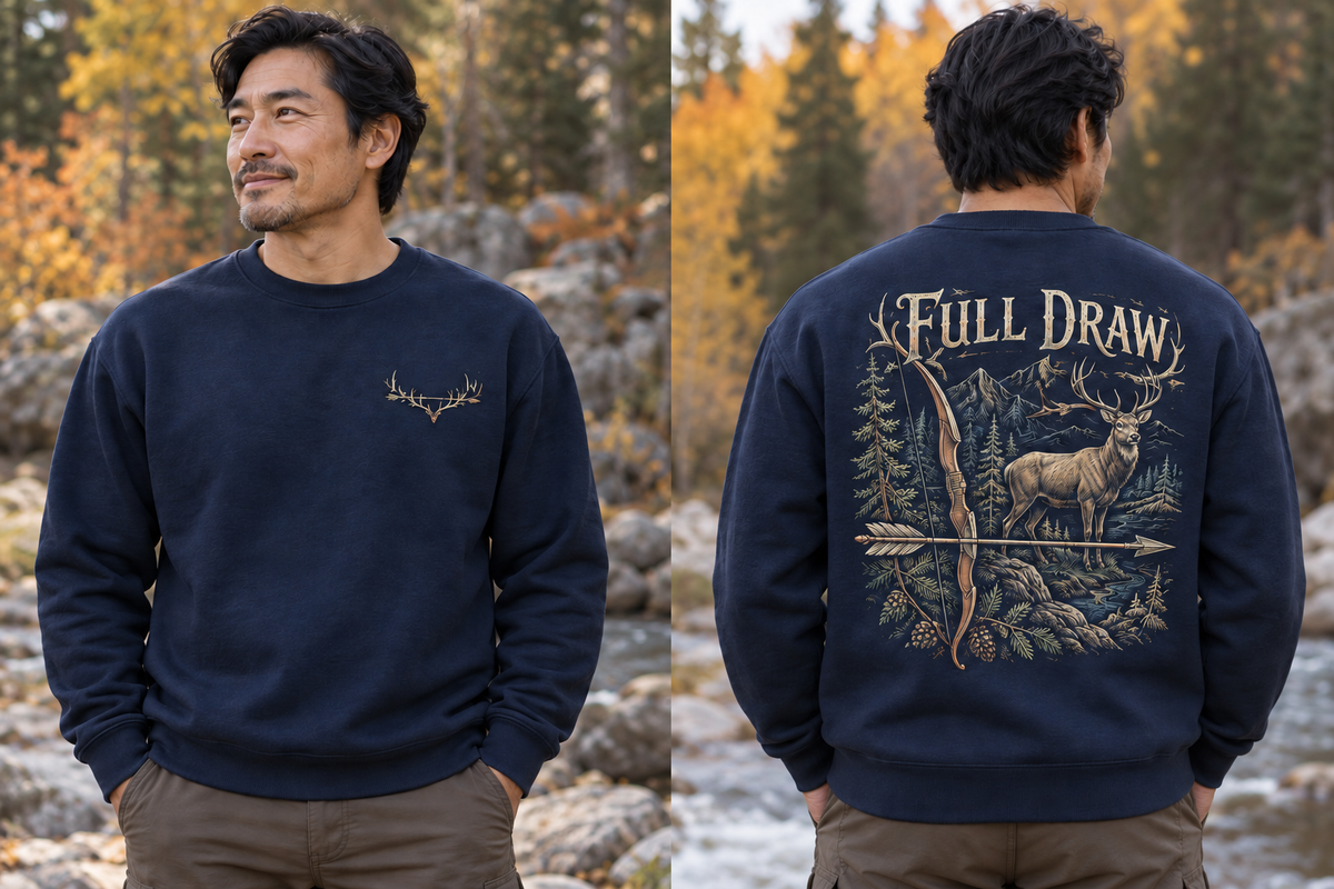 Men’s Full Draw Crewneck – Navy — picture-only front, saying and artwork on back