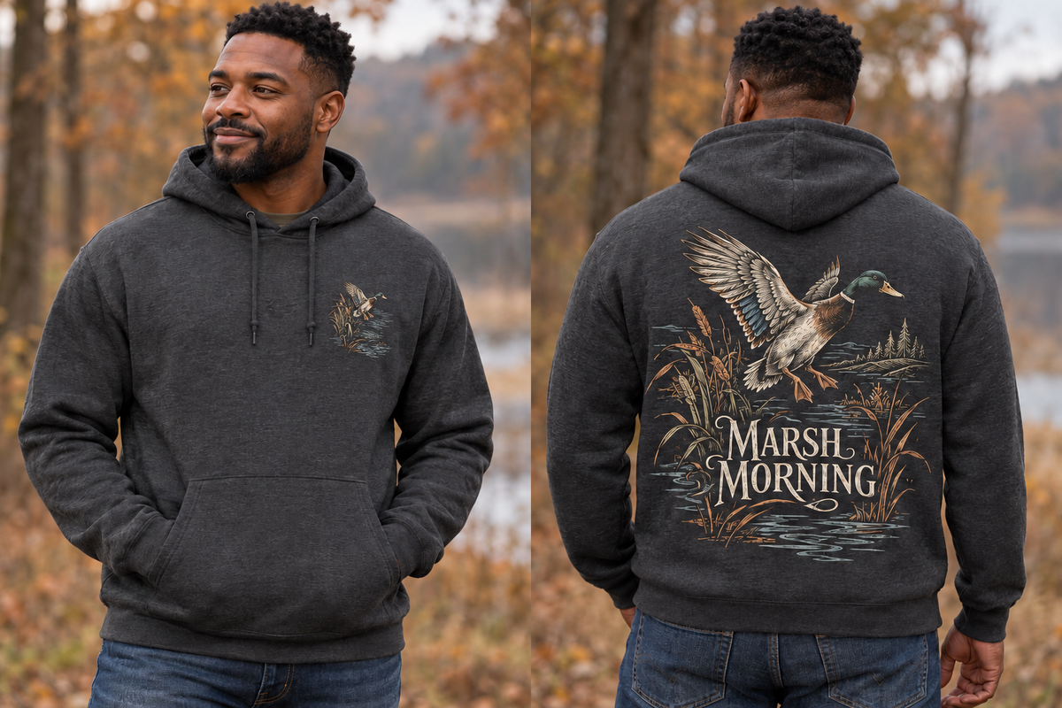 Men’s Marsh Morning Hoodie – Heather Charcoal — picture-only front, saying and artwork on back