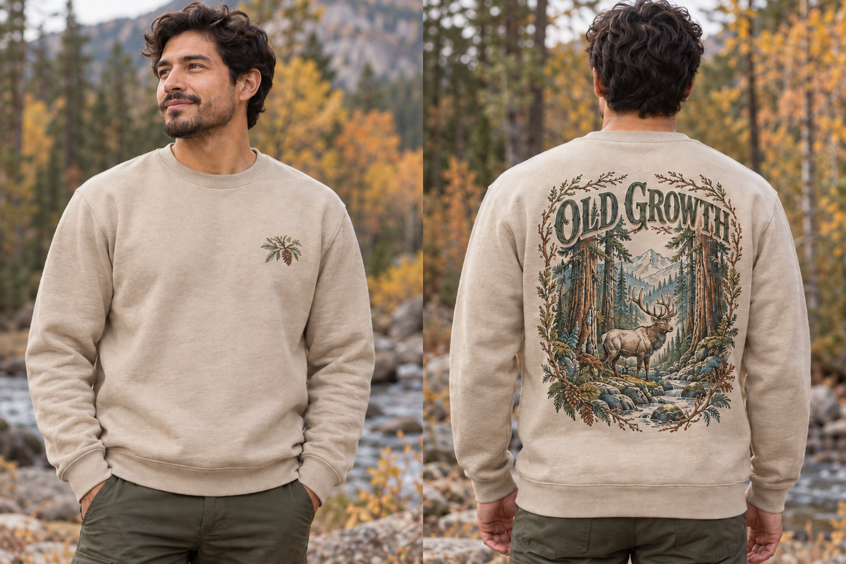 Men’s Old Growth Crewneck – Sand — picture-only front, saying and artwork on back