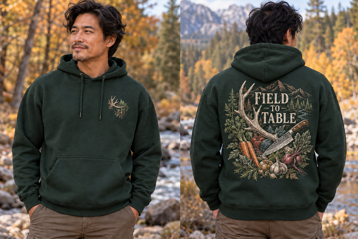 Men’s Field To Table Hoodie – Forest Green — picture-only front, saying and artwork on back