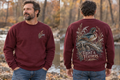 Men’s Frost & Feathers Crewneck – Maroon — picture-only front, saying and artwork on back