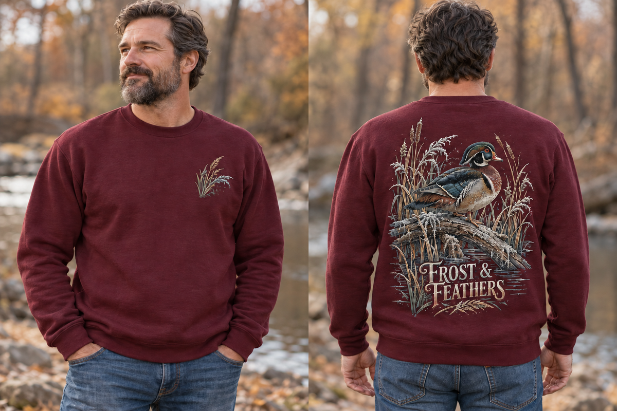 Men’s Frost & Feathers Crewneck – Maroon — picture-only front, saying and artwork on back