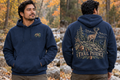 Men’s Trail Patience Hoodie – Indigo Blue — picture-only front, saying and artwork on back